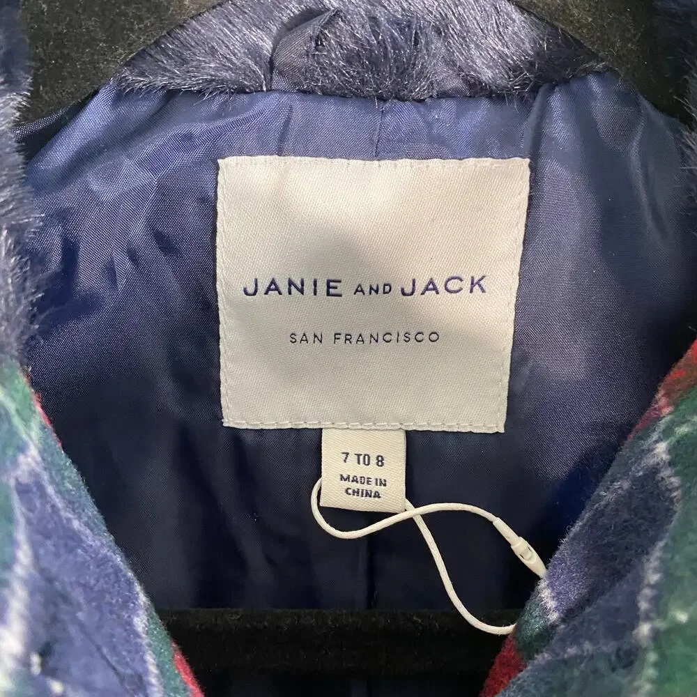 Janie & Jack X American Girl Navy & Red Tartan Plaid Fur-Trim Plaid Coat Sz 7-8